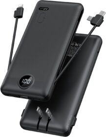 Portable Charger,Power Bank Built-in Cables and AC Wall Plug,VRURC USB C Portable Bank 10000mAh,Travel Essentials Phone Charger Compact Lightweight External Battery Pack for Smart Phones,Tablets-Black